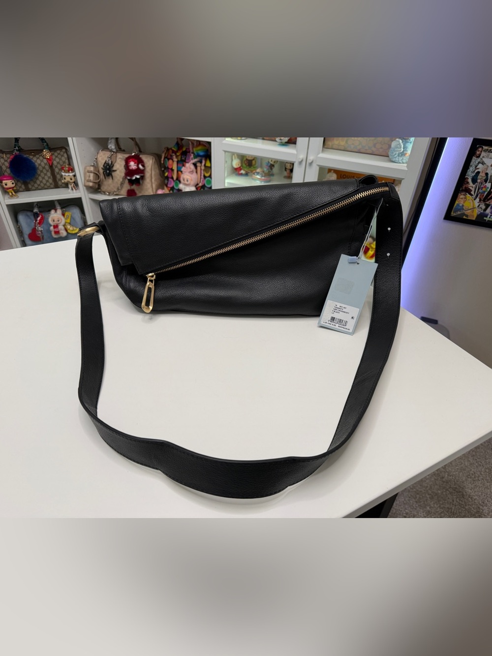 Antonio Melani Black Crossbody Flap Leather Bag with Gold Zip